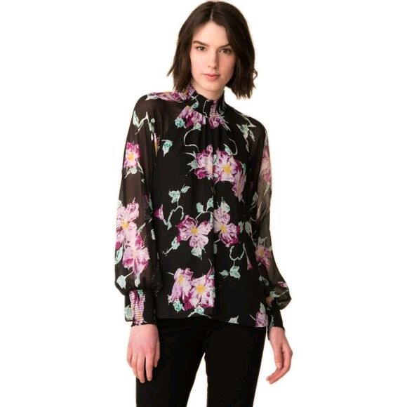 ALC Top Womens 4 Black Pink Multi Floral Silk Venetia Sheer Sleeve Boho Fairy - Picture 3 of 10